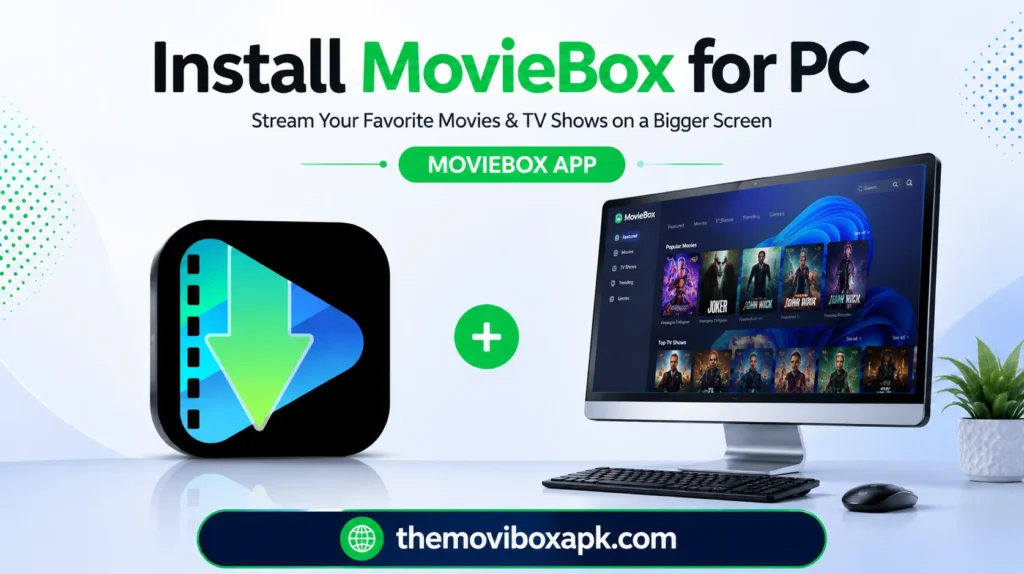 Download MovieBox for PC installation guide with app icon and desktop screen showing movie