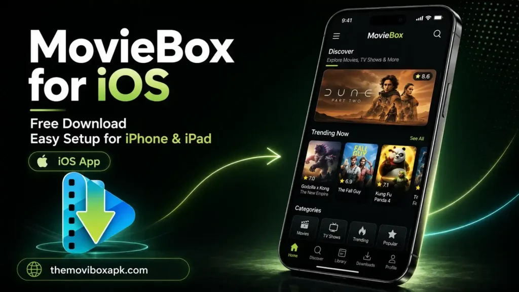 MovieBox for iOS free download 2026 with easy setup for iPhone and iPad shown on a dark green app banner with iPhone screen preview