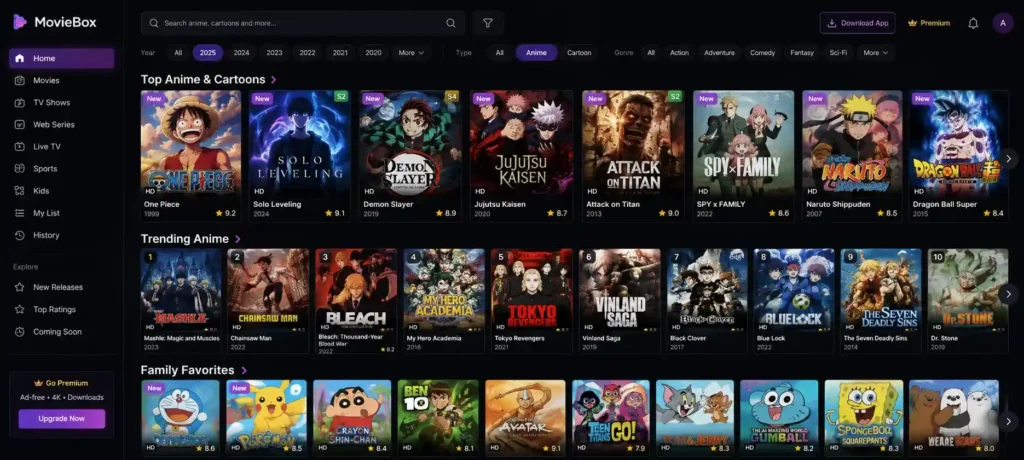 MovieBox for Android TV showing latest animes movies in 2026