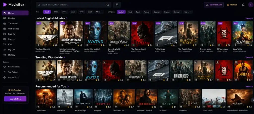 MovieBox for Android TV showing latest English movies in 2026